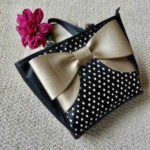 Large Betsy Johnson handbag, tote. Black & white polka dot & gold bow. Exc. cond